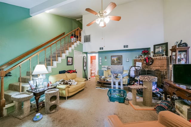 living room featuring beam ceiling, carpet floors, high vaulted ceiling, and ceiling fan