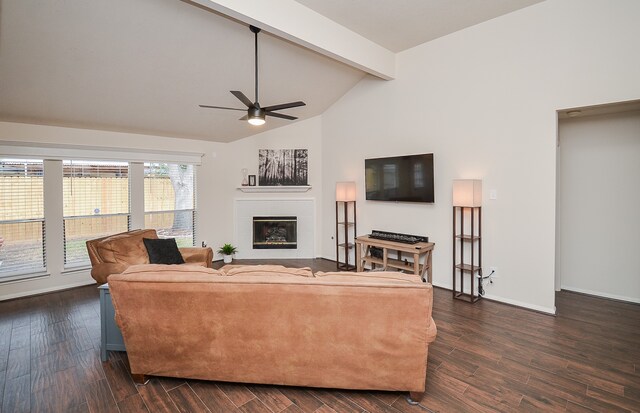 living room with high vaulted ceiling, ceiling fan, dark hardwood / wood-style floors, and beamed ceiling