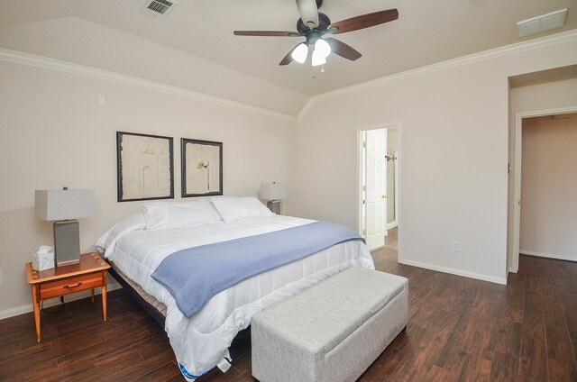 bedroom featuring crown molding, vaulted ceiling, ceiling fan, and dark hardwood / wood-style floors