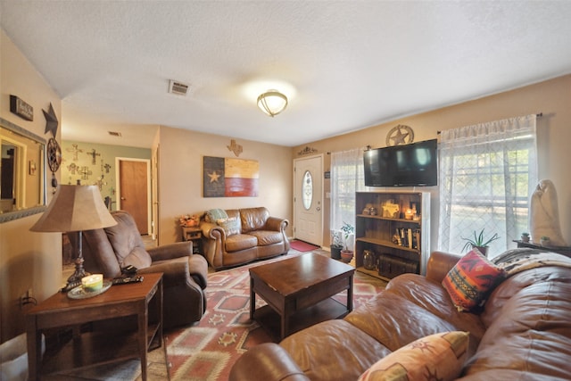 living room featuring a healthy amount of sunlight and a textured ceiling