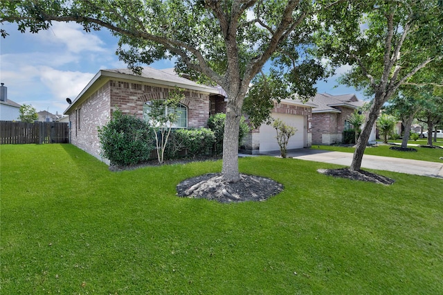 ranch-style house with a garage and a front lawn