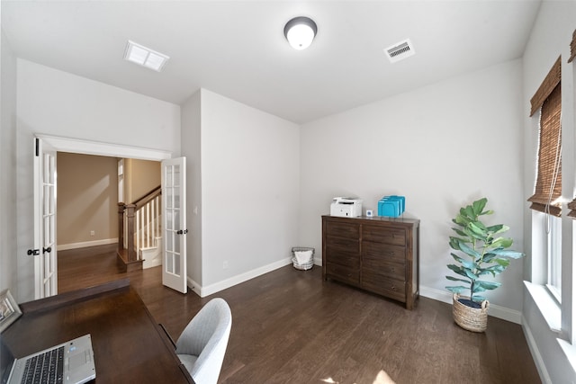 office space with french doors and dark hardwood / wood-style flooring