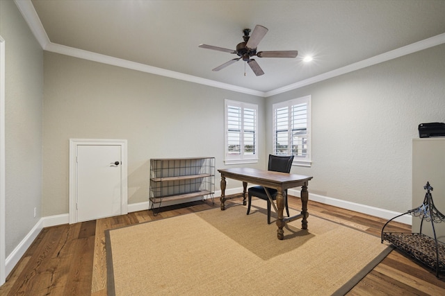 office featuring crown molding, ceiling fan, and wood-type flooring