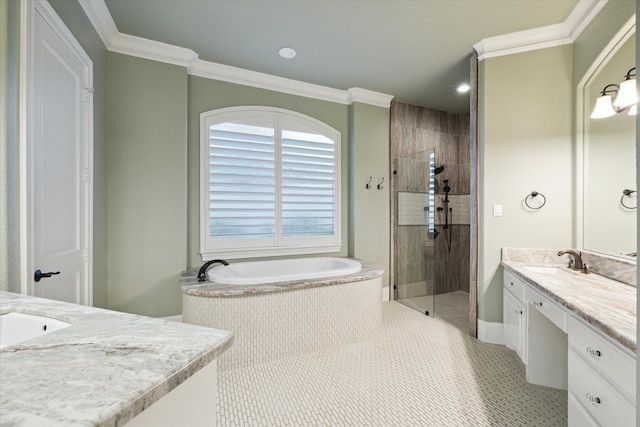 bathroom with tile patterned flooring, vanity, ornamental molding, and plus walk in shower