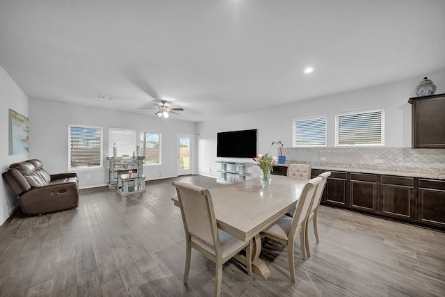 dining space with ceiling fan and light hardwood / wood-style flooring