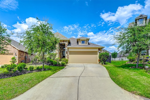 view of front of property with a garage and a front lawn