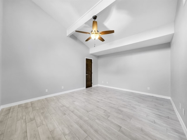 unfurnished room with ceiling fan, lofted ceiling with beams, and light hardwood / wood-style flooring