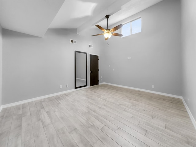 unfurnished room with ceiling fan, lofted ceiling with beams, and light hardwood / wood-style flooring