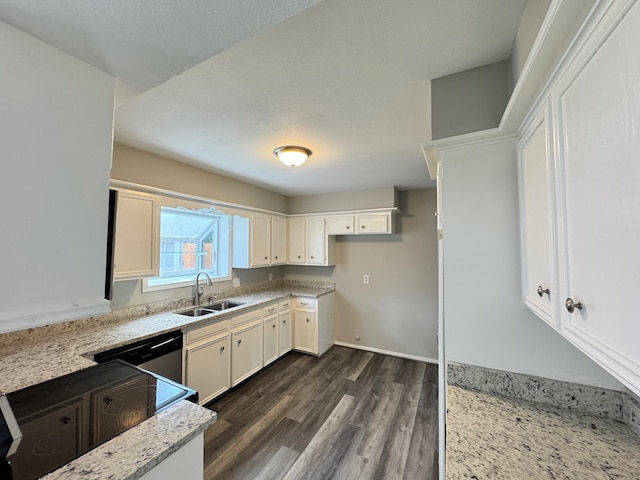 kitchen featuring sink, stainless steel dishwasher, white cabinetry, light stone counters, and dark hardwood / wood-style flooring