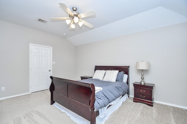 carpeted bedroom featuring ceiling fan and lofted ceiling