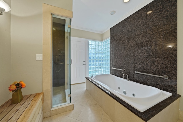 bathroom featuring tile patterned floors, crown molding, and shower with separate bathtub