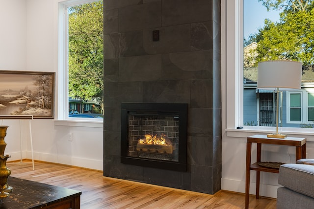 interior details with hardwood / wood-style flooring and a fireplace