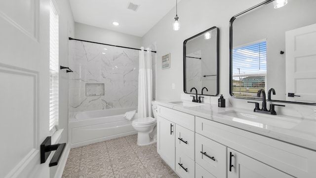 full bathroom with vanity, toilet, shower / bathtub combination with curtain, and tile patterned flooring