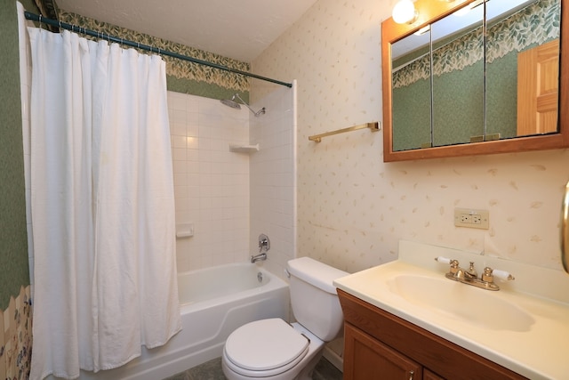 full bathroom with toilet, vanity, a textured ceiling, and shower / bath combo with shower curtain