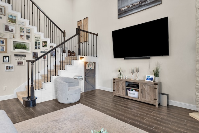 living room with a high ceiling and dark hardwood / wood-style flooring