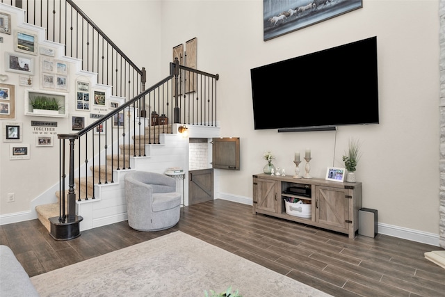 living room with a high ceiling and dark hardwood / wood-style floors