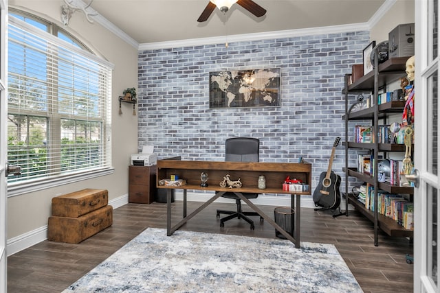 home office featuring ornamental molding, ceiling fan, and dark hardwood / wood-style flooring