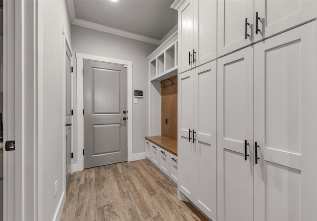 mudroom featuring ornamental molding and light hardwood / wood-style flooring