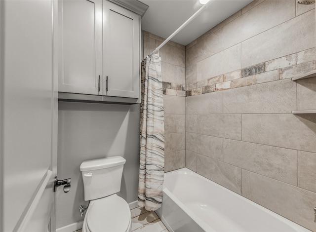 bathroom featuring toilet, shower / bath combination with curtain, and tile patterned floors