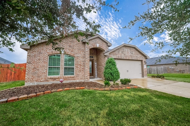 view of front of property featuring a front yard and a garage