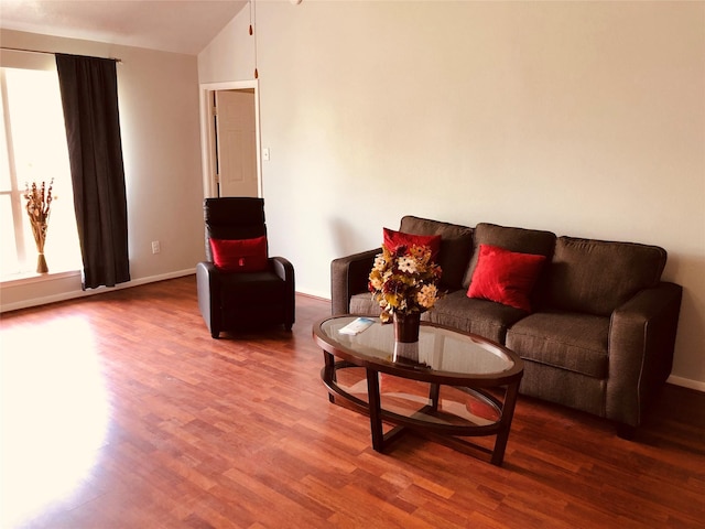 living room with wood-type flooring and lofted ceiling