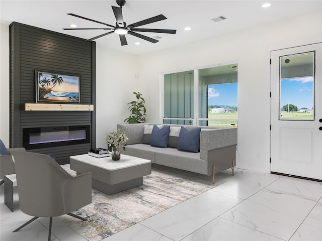 living room featuring ceiling fan