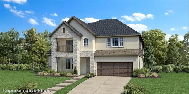 5310 Quartz Ranch Dr, Richmond, TX 77469 - traditional-style house featuring stone siding, driveway, a garage, stucco siding, and a front yard