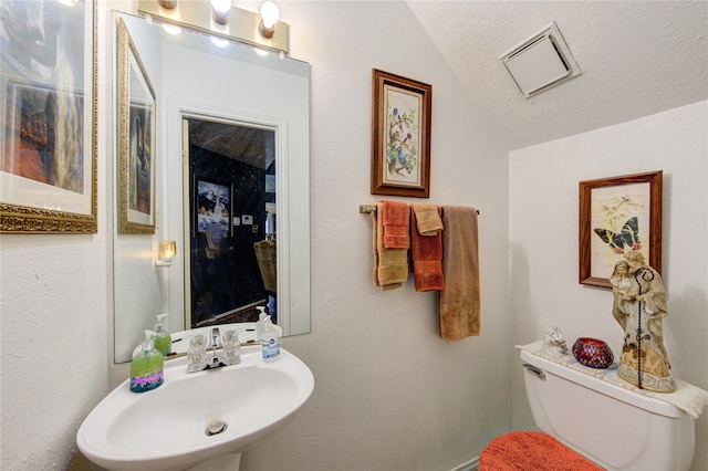 bathroom featuring toilet, lofted ceiling, a textured ceiling, and sink