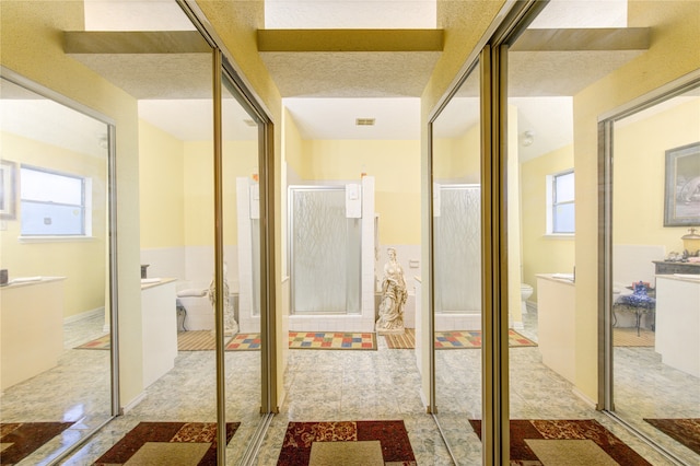 interior space with a wealth of natural light, light carpet, and a textured ceiling