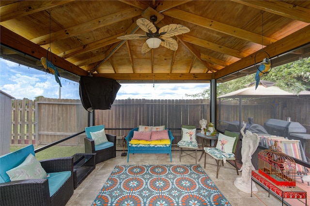 view of patio / terrace featuring a gazebo, outdoor lounge area, and ceiling fan