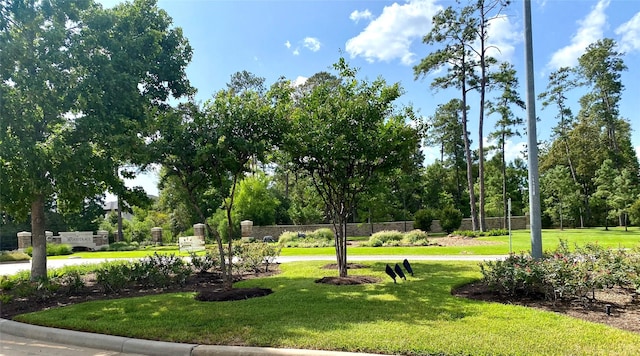 view of home's community with a lawn and fence