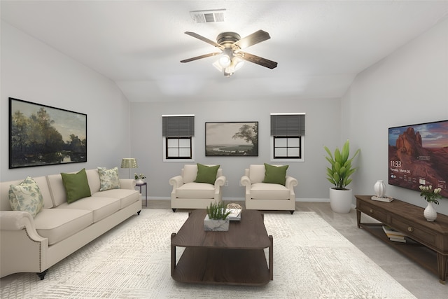 carpeted living room with lofted ceiling and ceiling fan