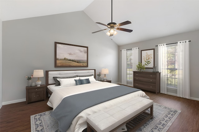 bedroom with dark wood-type flooring, ceiling fan, and lofted ceiling