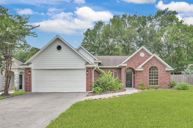 ranch-style home with a front lawn and a garage