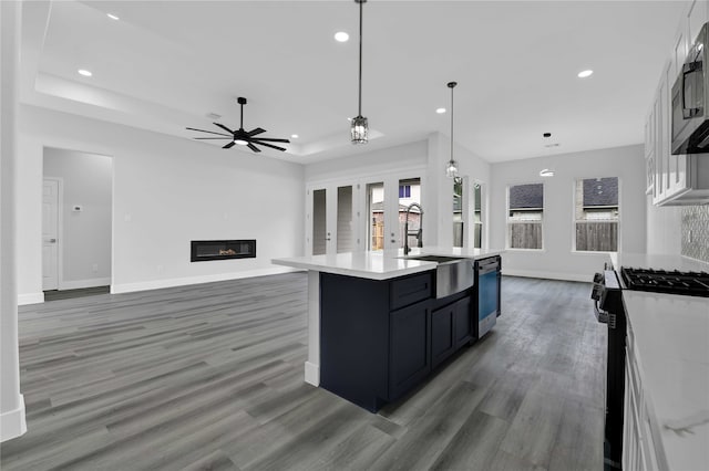 kitchen with appliances with stainless steel finishes, sink, decorative light fixtures, dark hardwood / wood-style floors, and a kitchen island with sink