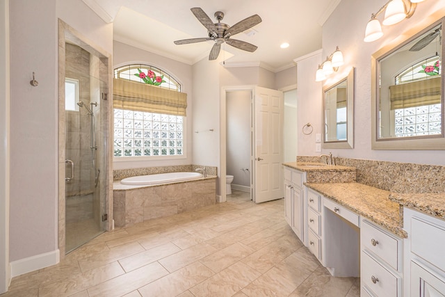 full bathroom with shower with separate bathtub, toilet, ceiling fan, vanity, and crown molding