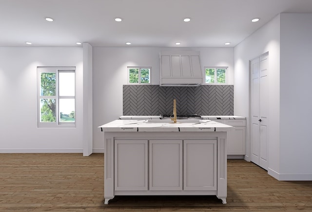 kitchen featuring dark wood-type flooring, an island with sink, and plenty of natural light