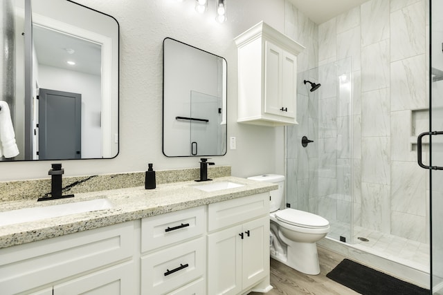 bathroom with vanity, toilet, walk in shower, and wood-type flooring