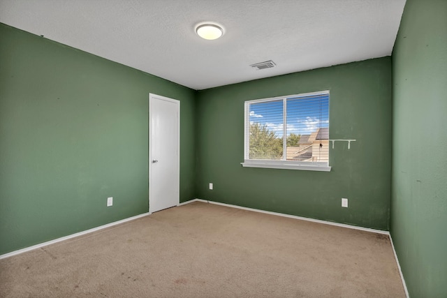 spare room featuring light carpet and a textured ceiling