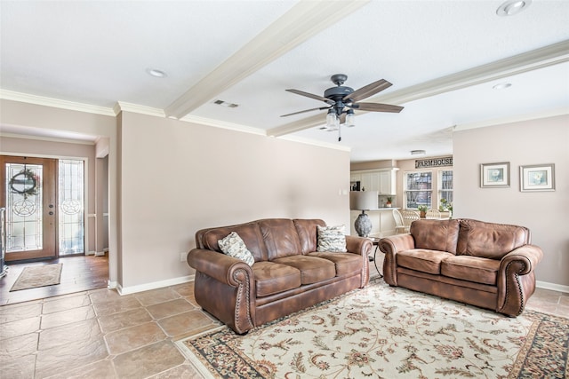 living room with ceiling fan, ornamental molding, and beamed ceiling