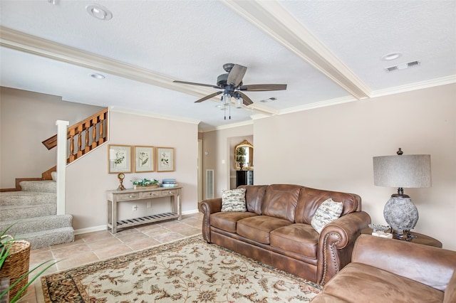 living room featuring beam ceiling, crown molding, a textured ceiling, and ceiling fan