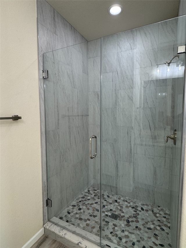 bathroom featuring a shower with door