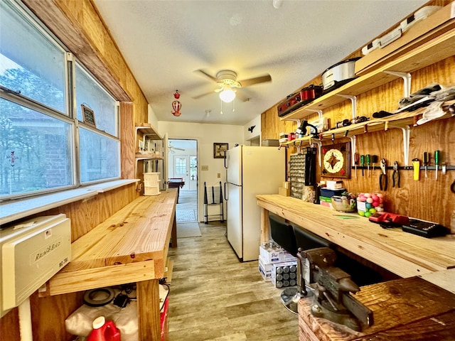 kitchen featuring wood walls, ceiling fan, wooden counters, light hardwood / wood-style flooring, and white refrigerator