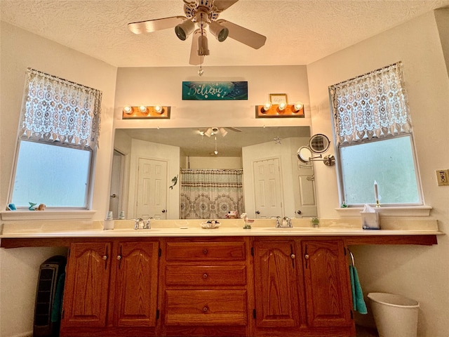 bathroom with vanity, a textured ceiling, and a wealth of natural light