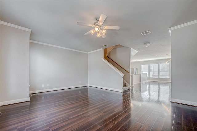 unfurnished living room featuring ceiling fan, dark hardwood / wood-style floors, and ornamental molding