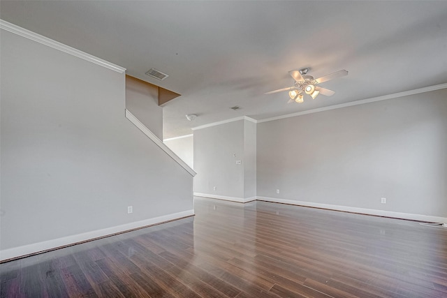 unfurnished room featuring ornamental molding, ceiling fan, and hardwood / wood-style floors