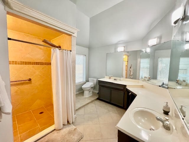 bathroom featuring vanity, a shower with curtain, toilet, and tile patterned floors