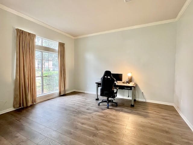 office space featuring ornamental molding and hardwood / wood-style floors