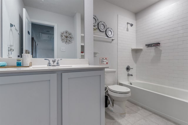 full bathroom featuring tiled shower / bath, vanity, toilet, and tile patterned floors