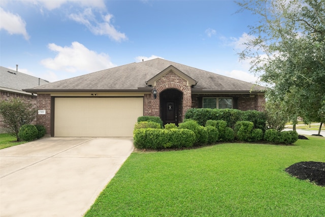 ranch-style home with a garage and a front lawn